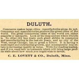  1891 Ad Duluth Minnesota Chamber Commerce C. E. Lovett 