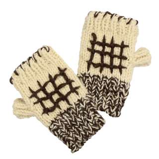 Hand Knitted Fingerless Gloves Mittens Fleece Liner Beige Pattern Gray 