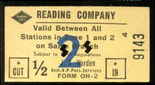 Reading Lines RR 1/2 fare ticket Zone 1 & 2 PA  