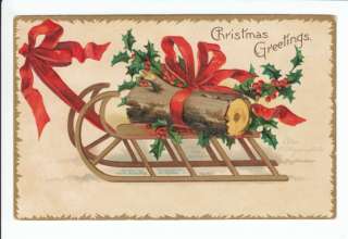 Christmas Clapsaddle Yule Log Sled Holly Old Postcard Vintage Sleigh 