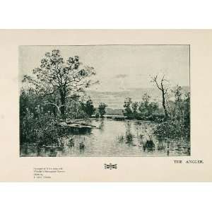 1901 Print Fisherman Boat Fishing Angler Lake Trees   Original 