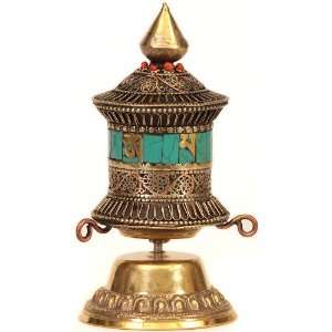  Om Mani Padme Hum Prayer Wheel with Filigree   Brass: Home 
