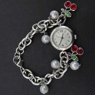 Cherries and Pearls Bracelet Watch Silver Tone metal  