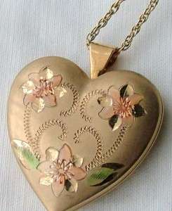 Vintage 24 1/20 14kt Gold Filled GF Etched Floral Color Heart Locket 