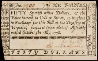 Colonial Currency, VA, October 5, 1778, $50  