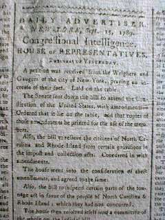 1789 NY newspaper US SENATE approves BILL of RIGHTS &Sends to HOUSE 