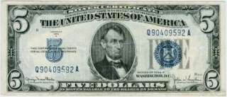 1934 D FIVE DOLLAR BLUE SEAL $5 SILVER CERTIFICATE NOTE  