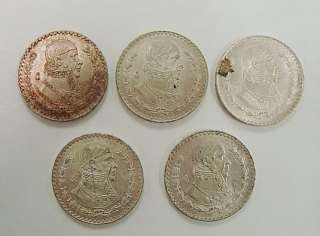 MEXICO ONE PESO SILVER COINS 1962, 1963, 1964 AND (2)1966 MORELOS 