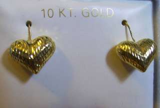 New ~ PUFFY HEART 10K YG EARRINGS ~ SHORT FRENCH HOOK  