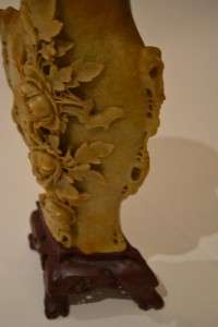   Antique Chinese HARDSTONE JADE Hand Carved VASE with Flowers and Birds