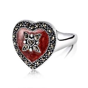  Marcasite and Red Enamel Heart Ring: Jewelry