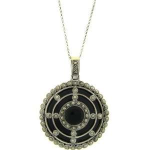   Sterling Silver Marcasite and Black Onyx Large Round Pendant Jewelry