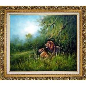 Pair of Lions Resting in Wild Oil Painting, with Ornate Antique Dark 