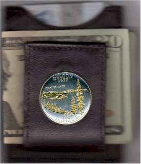 Gold on Silver Oregon Statehood Quarter in a Folding Leather Money 