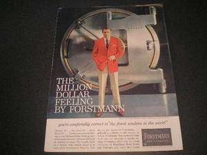 1959 Forstmann Mens Woolens Fashion Ad Big Mosler Safe Walk In  