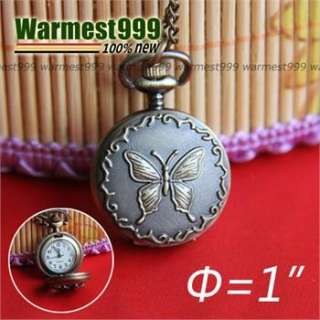 Antique Vintage Bronze Butterfly Quartz Pocket Watch Pendant Necklace 