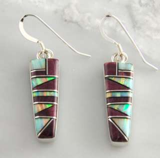 Spiny Oyster Shell Opal & Onyx Inlay Earrings Navajo Sterling Silver 