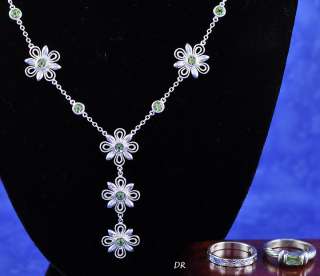 Sterling Green Peridot Flower Necklace & Rings Sz6.75/7  