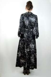 Vtg 70s Black White PSYCHEDELIC Op Art FRINGE Bell Slv Boho MAXI Dress 