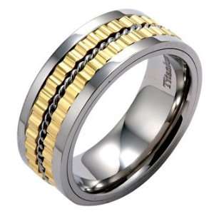   Titanium Ring with Gold Plated Gear Design In Center and Rope For Men