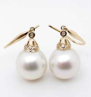 GORGEOUS 12.1MM WHITE SOUTH SEA PEARL SOLID 14K GOLD DIAMOND DANGLE 