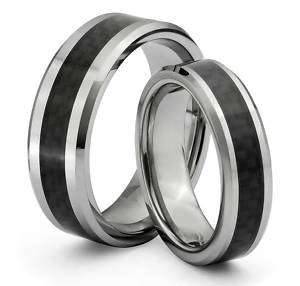 His & Hers 8MM/6MM Tungsten Wedding Band Ring Set w/ Black Carbon 