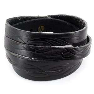  Black Leather Double Wrap Bracelet with Tidal Wave Tribal 