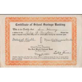   Fort Worth National Bank Vintage Certificate of School Savings Banking