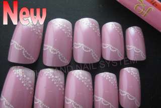 French Acrylic Nail Art Full Tips ( Noble Pink Lace) 24pcs+Nail Glue 