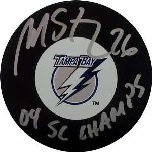  Martin St. Louis Signed Puck   04 SC Champs Insc 