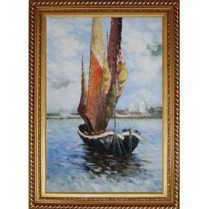 Sailing Boat Oil Painting, with Exquisite Dark Gold Wood Frame 42.5 x 