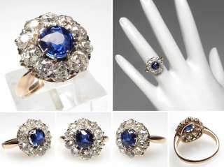 Victorian Era Estate Natural Blue Sapphire & Diamond Halo Ring Solid 