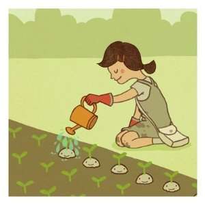  Girl Watering Vegetable Garden Giclee Poster Print