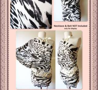 NEW White/Black Zebra Animal Print One Off Shoulder Kimono Batwing 