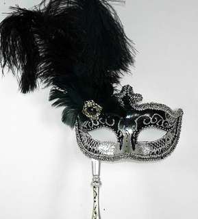 BLACK MASQUERADE on a Stick Venetian Mask Costume BLACK & SILVER Hand 