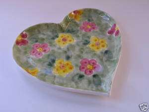 Hand Painted Portugal Heart Shaped Plate Floral Green  