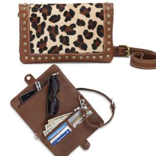 American West Tooled Leather Leopard Print Foldover Clutch Wallet 
