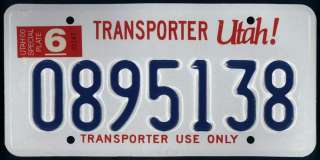 UTAH 2000 Dealer TRANSPORTER USE ONLY License Plate # 0895138  