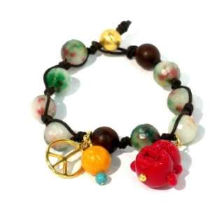 Bracelet Dark Brown Cord with 12mm Faceted Candy Jade Beads Roble Wood 