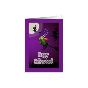  Halloween witch flying on a broom, moon. Card Health 