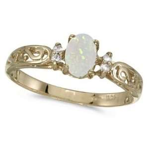  Opal and Diamond Filigree Ring Antique Style 14k Yellow 