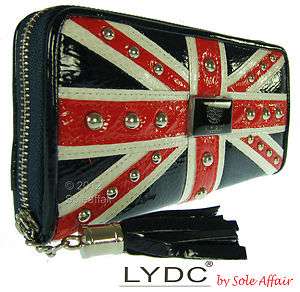 Ladies Boxed LYDC Designer Red White Blue Union Jack Stud Zip Purse 