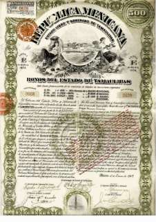 Mexico Mexican Republic Tamaulipas State $500 1907 Bond Share Loan 