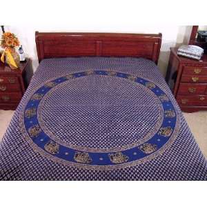Blue Gold Print Elephant Cotton India Bed Sheet Throw  