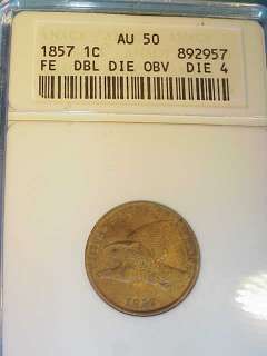 1857 FLYING EAGLE CENT   ANACS AU 50   DDO Double Die 4   NICE 