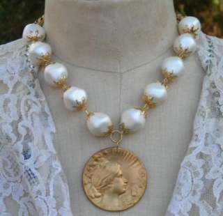 Vintage Bold Chunky Faux Baroque Pearl Necklace Saint Agnes Sheep Lamb 