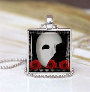 Phantom of the Opera Mask Rose Glass Pendant Necklace  