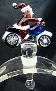New Hand Blown Glass Santa Clause On Motorcycle Wine Stopper  