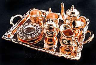 Copper Metal Tea Lid Pot Cups Set Dollhouse Miniature  