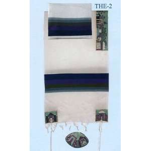   Embroidered Jerusalem in Blue Tallit Prayer Shawl Set   Size 50 x 77